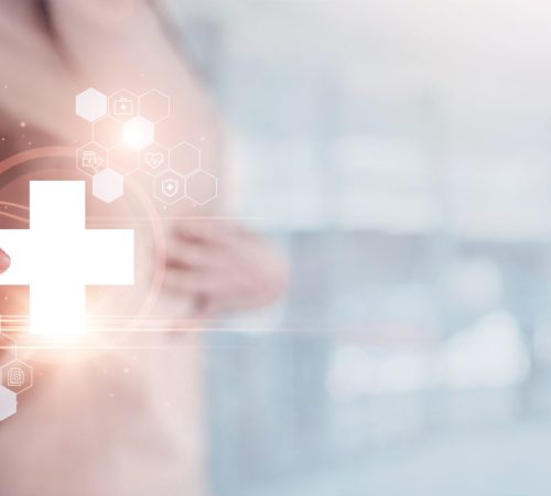 Woman holding virtual health care symbol and icons medical on interface People health care awareness rising growth of medical health and life insurance business.